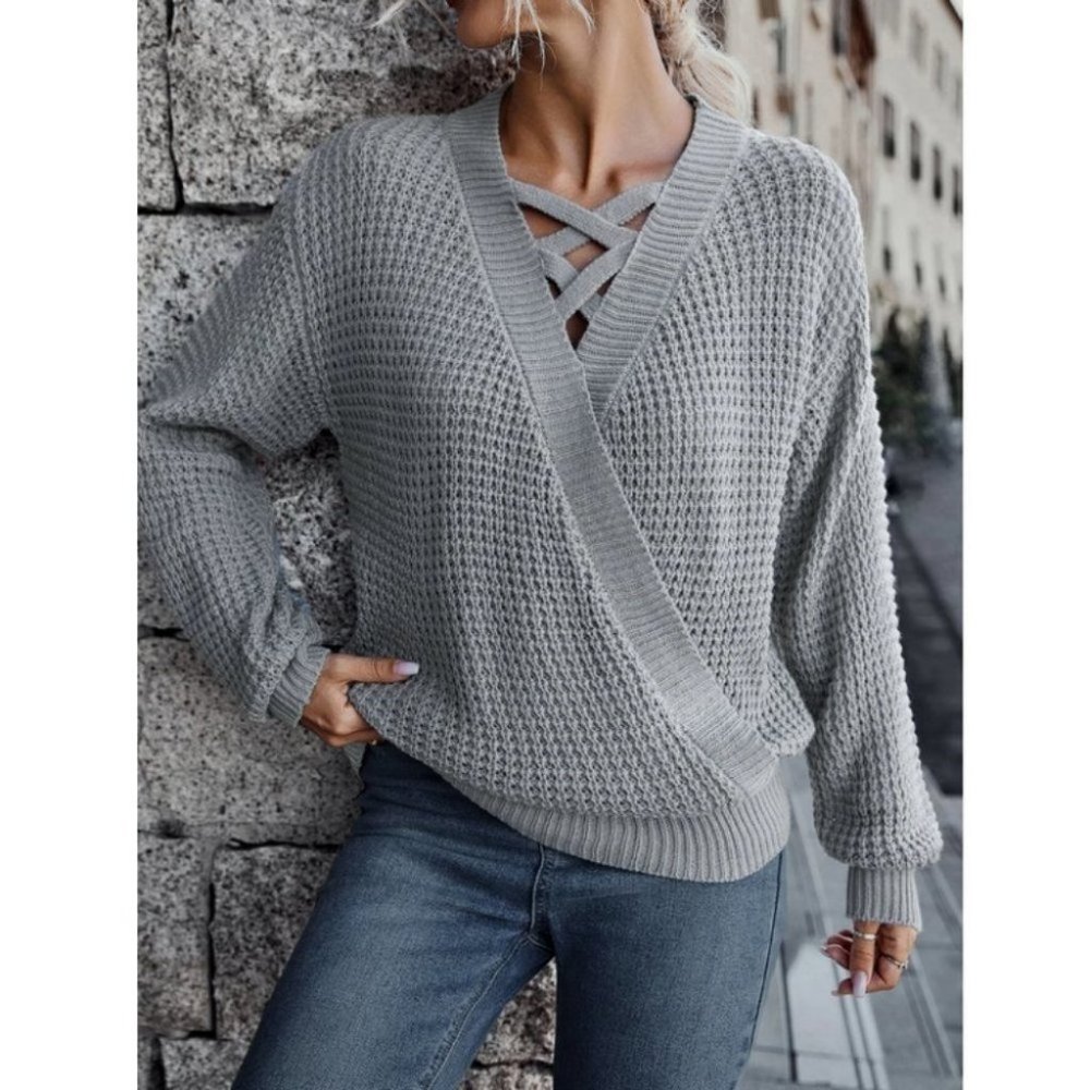 Casual Boho Criss Cross Surplice Neck knit Sweater Top - Picture 7 of 7